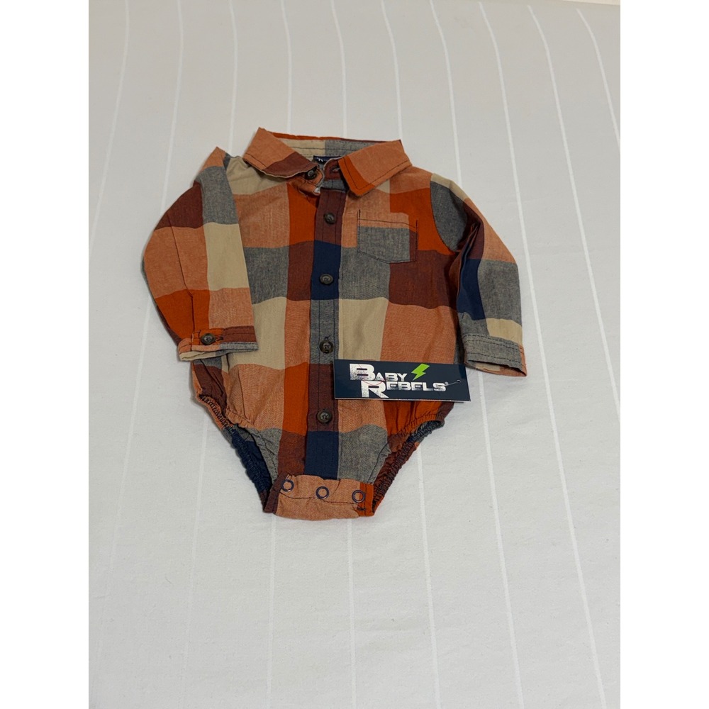 Baby Rebels Boys Orange Navy Plaid Long Sleeve Button Down Bodysuit 6-9 Months